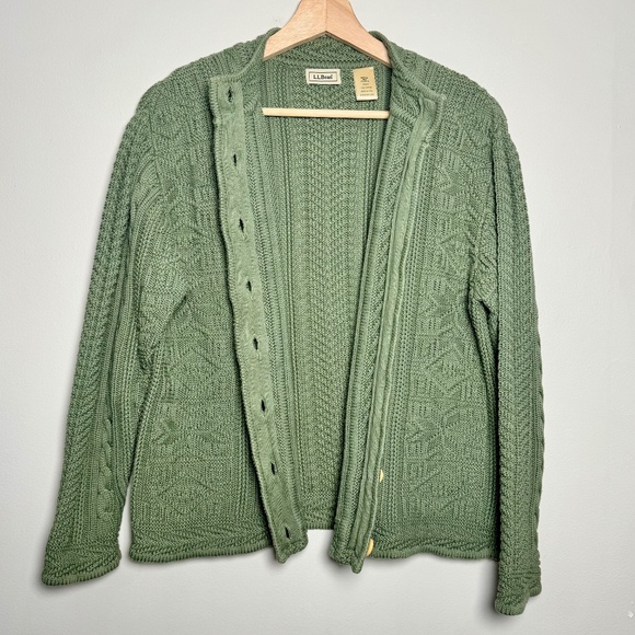 LL Bean Sage Green Cable-knit Heritage Cardigan w Wood Buttons Sz M - Picture 4 of 8